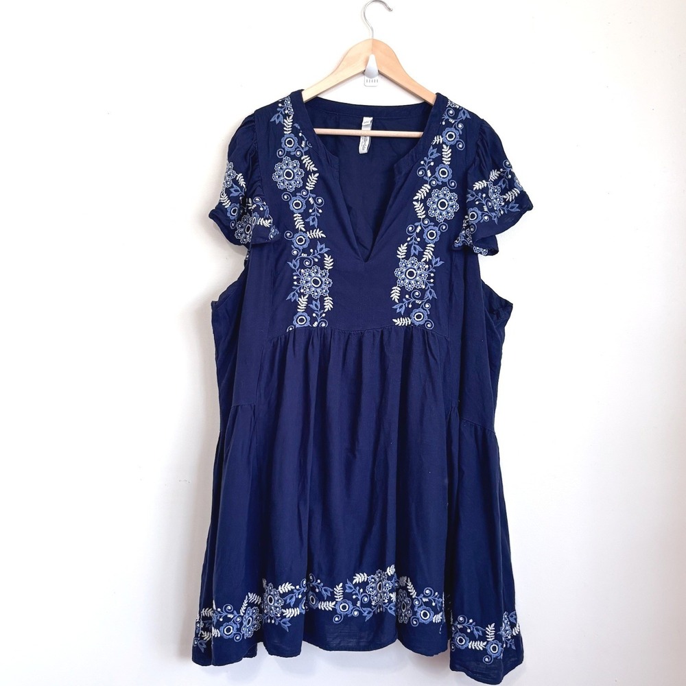 Belle Isle Womens Boho Embroidered Babydoll Dress 5 Navy Blue Linen Flutter
